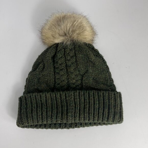 Pendleton Green Cable Knit Hat with Faux Fur Pom Pom – One Size - Picture 2 of 7